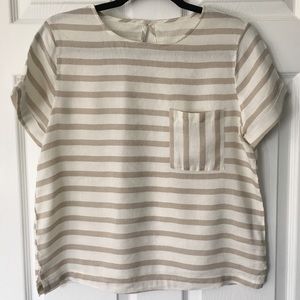 Striped linen roll-cuff short sleeve blouse